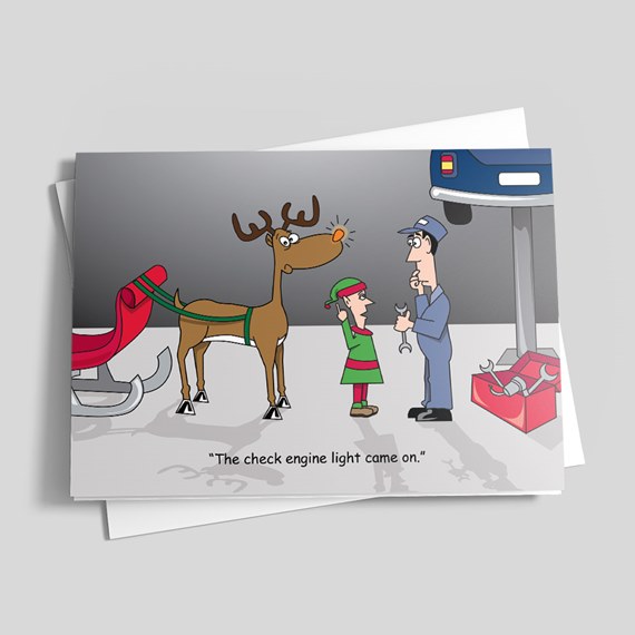 cartoon scene with reindeer, elf, and mechanic